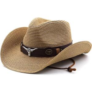 Women's Western Straw Cowboy Hats Men's Straw Cowgirl Hat Wide with Shapeable Wide Brim Foldable Vacation Beach Sun Hat (Khaki)