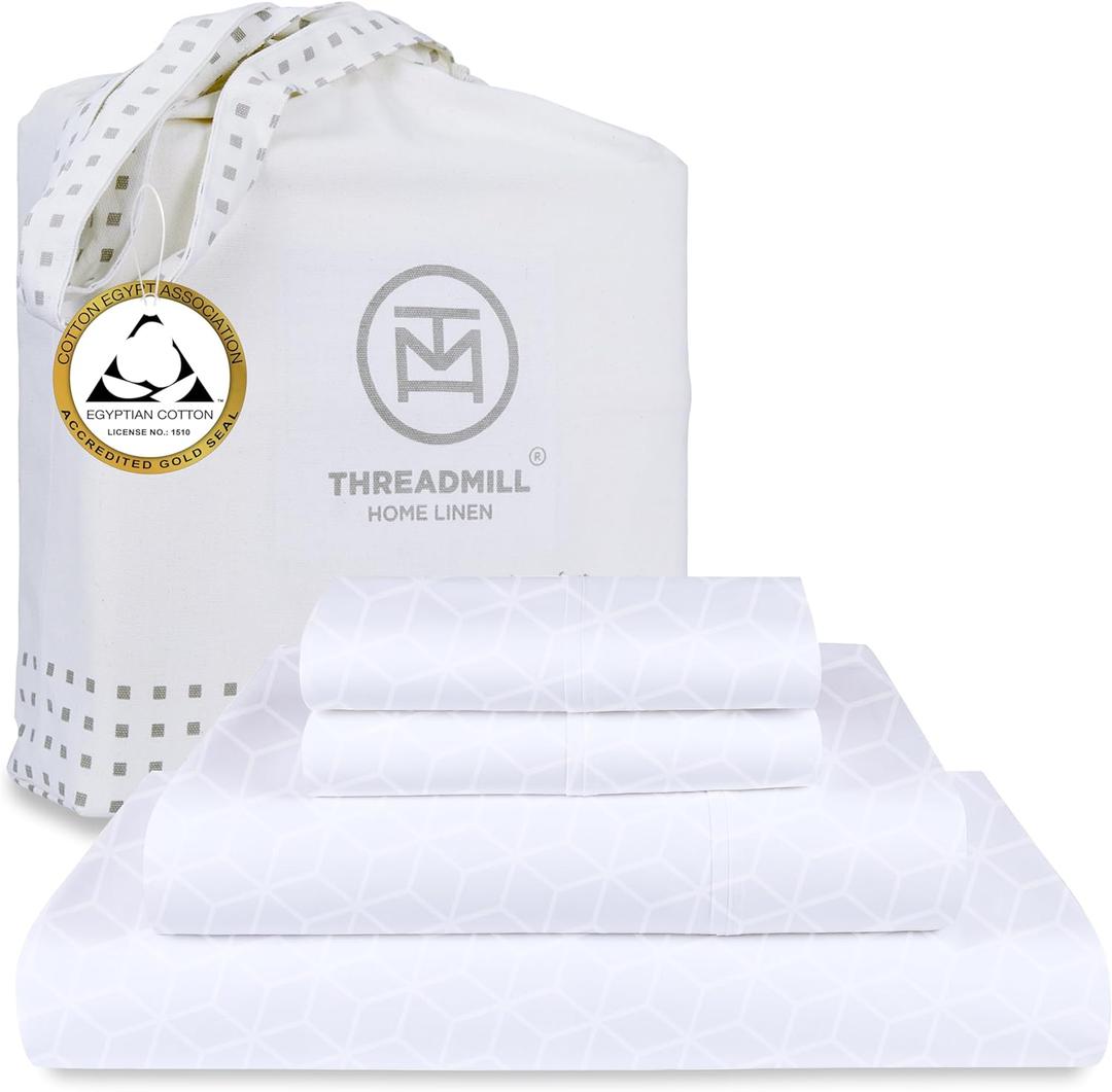 Threadmill Egyptian Cotton Full Size Sheet Set | 100% Certified Egyptian Cotton Sheets for Full Size Bed | Full Bed Sheets Set 16" Deep Pocket | Soft Damask Jacquard 4 Pc Cooling Bedding Set | White (Bright White Cadence)