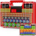 Battery Organizer Storage Holder Box Case with Tester, Stores & Protects Up to 260 Batteries, Double-Sided, Clear Locking Lid, Secure Latches & Portable Carrying Handle - Red (Batteries Not Included)