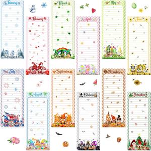 Eaasty 12 Pcs Seasonal Holiday Magnetic Notepads for Refrigerator Gnome Monthly Magnetic Grocery List 9 x 3.5" Magnet Memo Pads 30 Sheets Per Pad Shopping to Do List for January to December