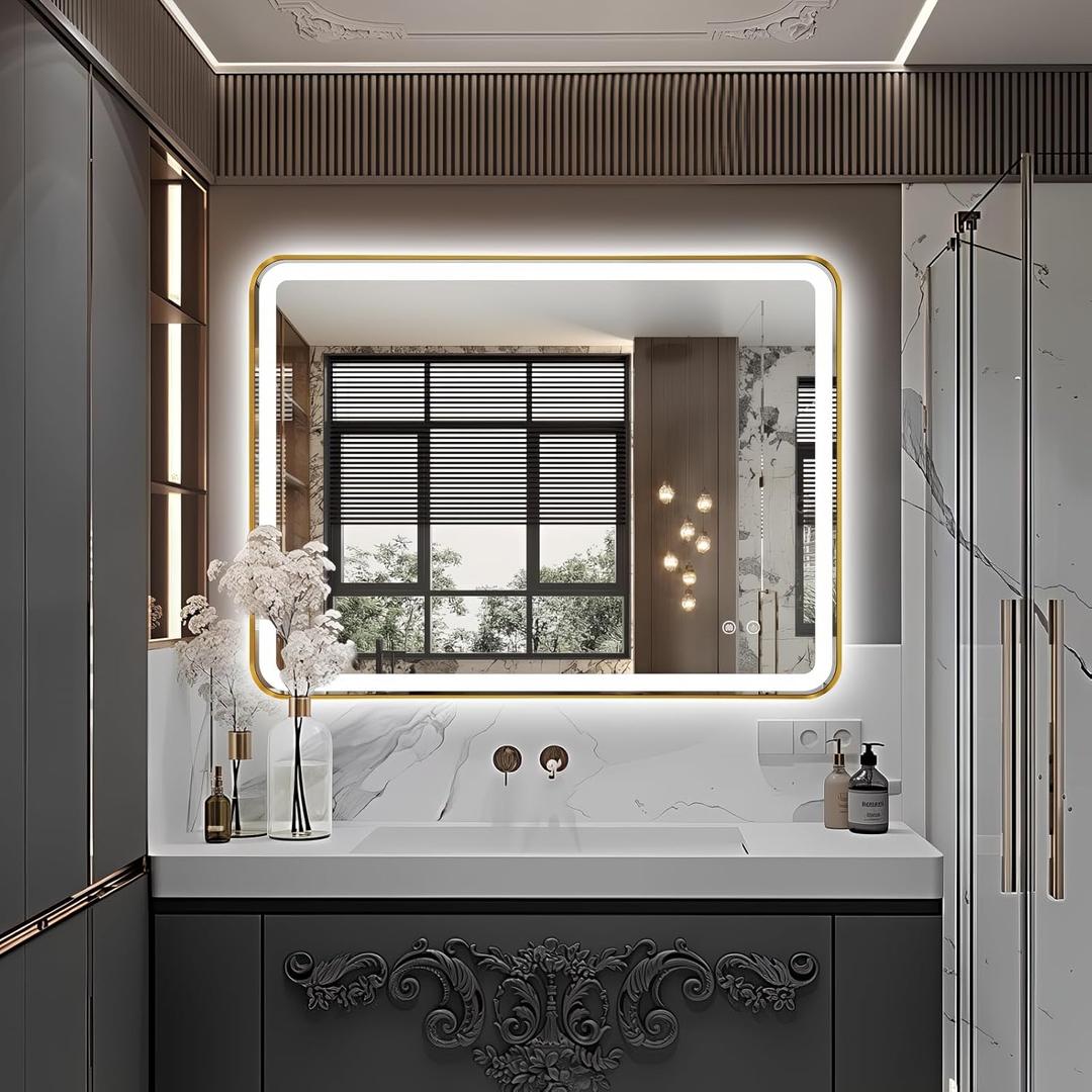 Rectangle LED Bathroom Mirror, 40"x30" Anti-Fog Double Touch Lighted Wall Vanity Mirror 45 Beveled Metal Frame Stepless Adjustable Color Temperature Smart Mirror 3000K-6000K, Gold