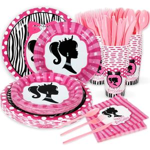 Hot Pink Girls Birthday Party Supplies 120pcs Disposable Princess Doll Paper Plates and Napkins for Party Decorations Cups Tablecloth for Boys Girl Birthday Decor, Serve 30