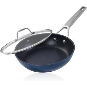 MsMk Non stick frying pan set with lid Blue, 12-inch Durable skillet, Titanium and Diamond Non Stick Non-Toxic Even Heating, Easy Clean-Up, Comfort Handle, Induction Compatibility