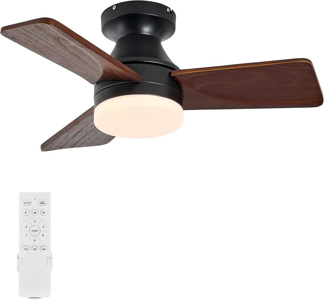 30" Wooden Ceiling Fan with Light: Low Profile Wood Fans with Remote Quiet Reversible DC Motor Simple Flush Mount Ceilingfan for Bedroom Living Room Kitchen Office Indoor Home Spaces