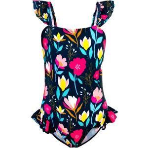 DAXIANG Girls One Piece Ruffle Strap Swimsuit Quick Dry Mermaid Swimwear Beach Sport Bathing Suit for Toddler Kids 4-11 Years (6-7 Years, Black Floral)