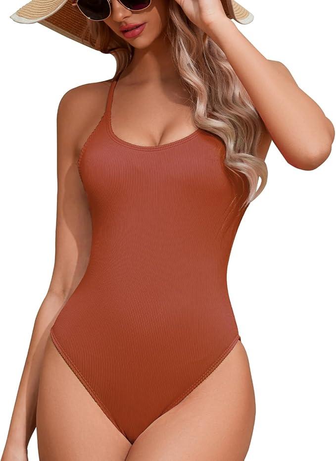 One Piece Swimsuit Women Ribbed Tummy Control Bathing Suit Sexy Swimsuit for Women, Red, Medium