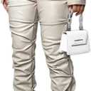 Sumleno High Waist Stacked Pants for Women Faux Leather Ruffle Ruched Leggings Y2k Black Pleated Sexy Aesthetic Streetwear (Medium, Beige)