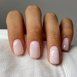 Press on Nails Short Square Acrylic Fake Nails with Apricot Design Full Cover False Nails Glossy Nude Glue on Nails Artificial Stick on Nails for Women 24Pcs (Milky White)
