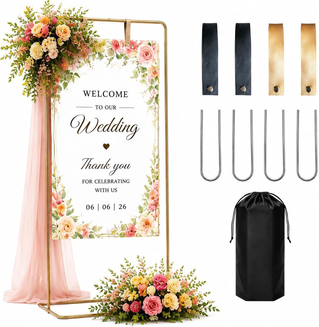 Adjustable Wedding Welcome Sign Stand, 5.7FT Gold Metal Sign Stand