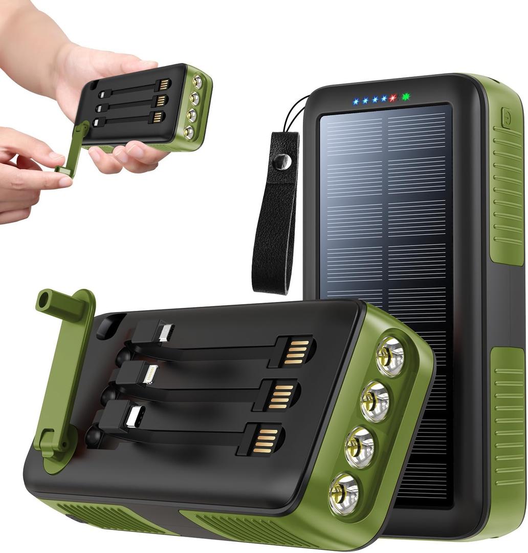 Solar Charger Power Bank 63200mAh, Portable Charger with Dual Outputs & Dual Inputs 4 LEDs Flashlight, Hand Crank Power Bank Fast Charging Battery Pack for Outdoor Camping Survival Gear (army green)