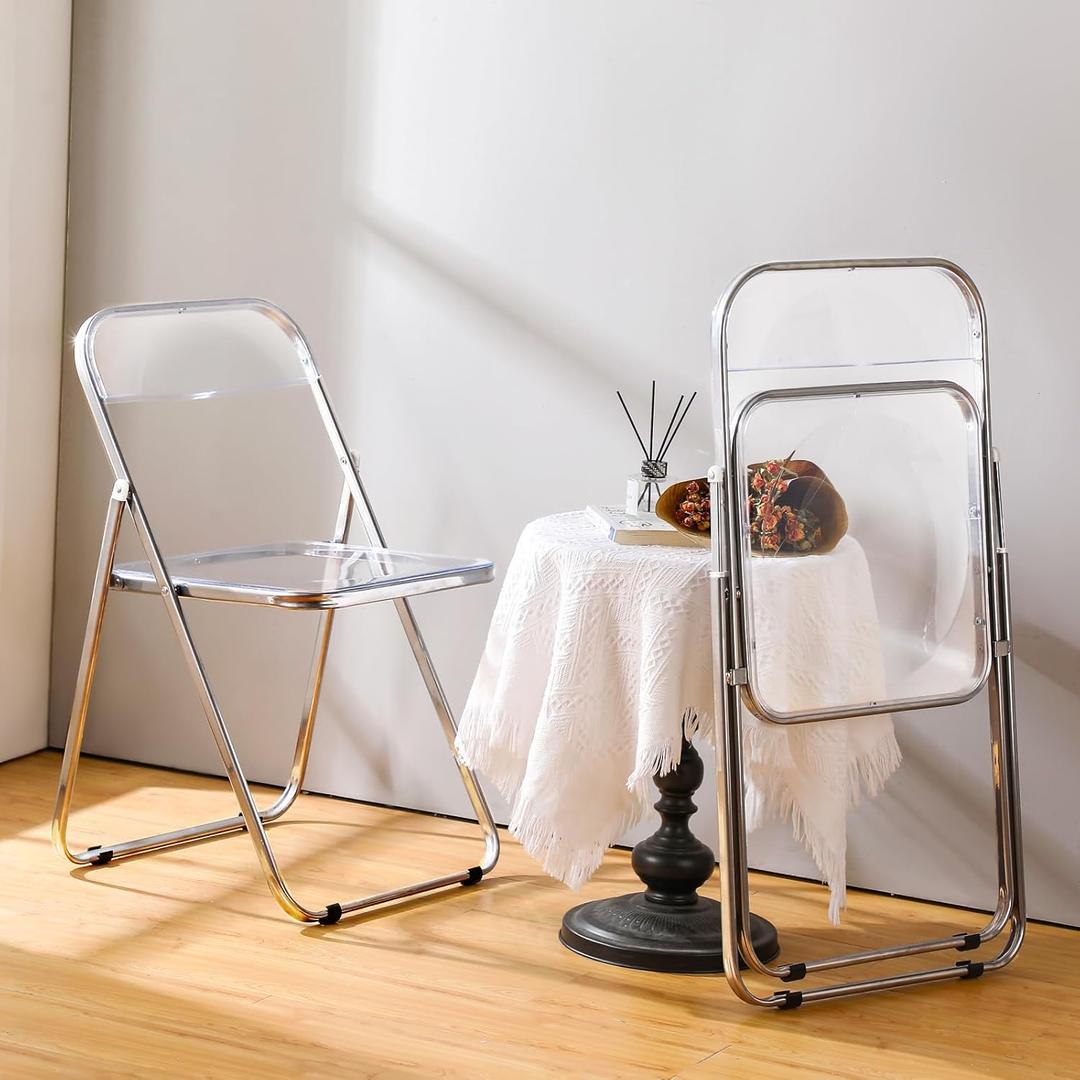 Suzile 2 Pcs Acrylic Folding Chairs Clear Transparent Stackable Dining Chairs Modern Armless Event Seat Plastic Living Room Seat for Home Living Room Inside Outside