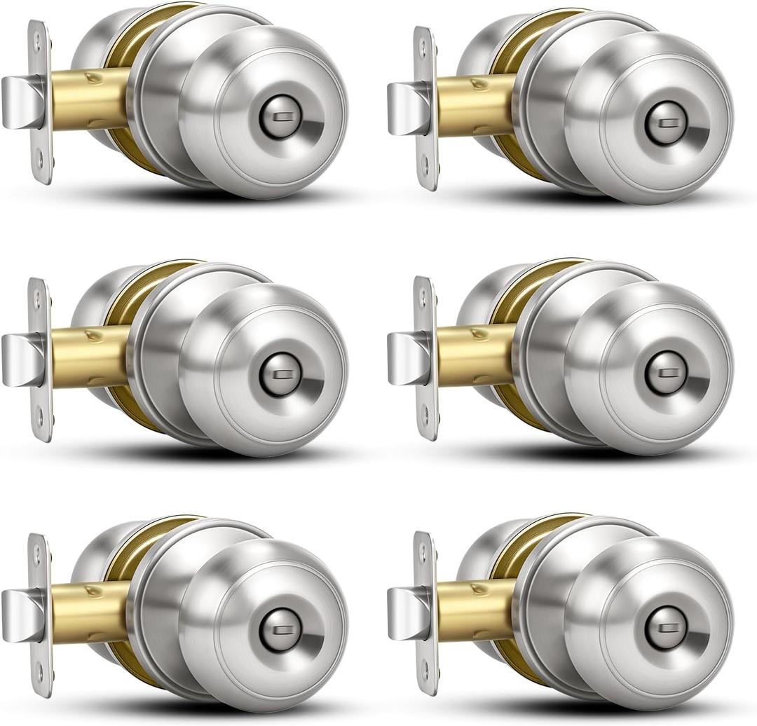 6 Pack Brushed Nickel Door Knobs,Privacy Door Knob with Lock, Interior Doorknobs Silver, Keyless Door Locks Set for Bedrooms Bathrooms, Reversible for Left/Right Door Handle