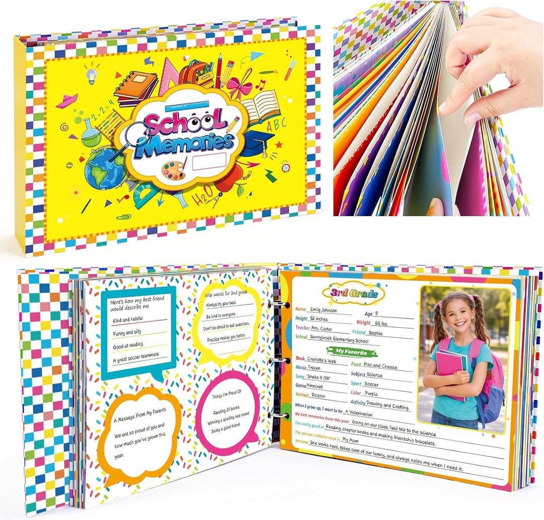 Large School Memory Book Keepsake Photo Album Scrapbook for Kids | Back to School Supplies Keepsake Pockets First and Last Day of School Years Days Preschool to 12th Grade Childhood Picture