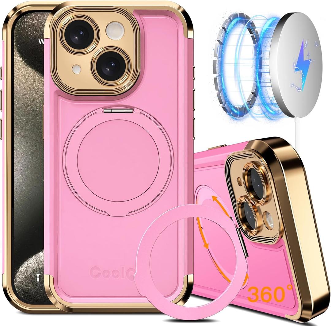 COOLQO for iPhone 15 Case 6.1'' Upgraded 360 Spin Magnetic Stand [Compatible with Magsafe][Military Protection] Plating Matte Scratch-Resistant Back Protective Shockproof Phone Case, Pink Gold