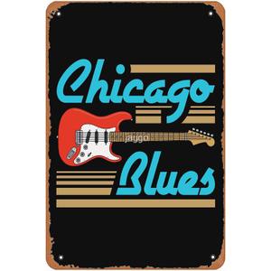 Chicago Blues Musician Guitar Sign Wall Decor Art Poster Vintage Metal Tin Sign for Funny Bathroom Garage Office Man Cave Room Pub Restaurant Sign Wall Decoration Gift 8x12 In