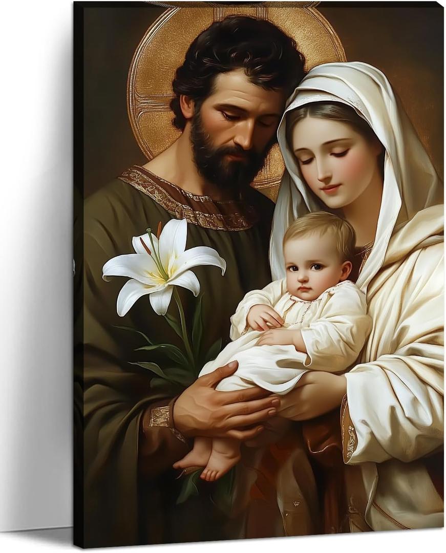 Holy Family Canvas Wall Art Catholic Decor Jesus and Virgin Mary Picture Christian Painting Print for Home Living Room Bedroom Church Wall Decor Framed - 16.00x24.00 inch