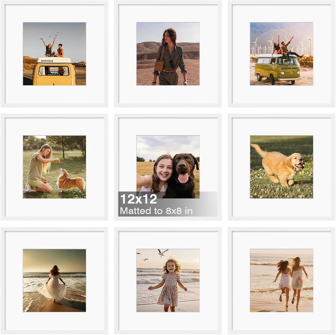 KINLINK 12x12 Frame Set of 9, 12 by 12 Square Picture Frames with Plexiglass for Picture 8x8 with Mat or 12x12 without Mat Art Collage for Wall Gallery and Tabletop Display, 12 x 12 Frame White