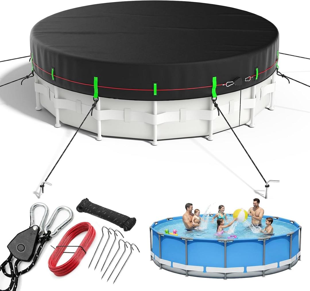 14ft Round Pool Cover for Above Ground Pools, 420D Tear & UV Resistant Solar Pool Cover, Triple Wind Protection with Pully Tensioner, Elastic Hem & Ground Nails, Snug Fit & Weatherproof
