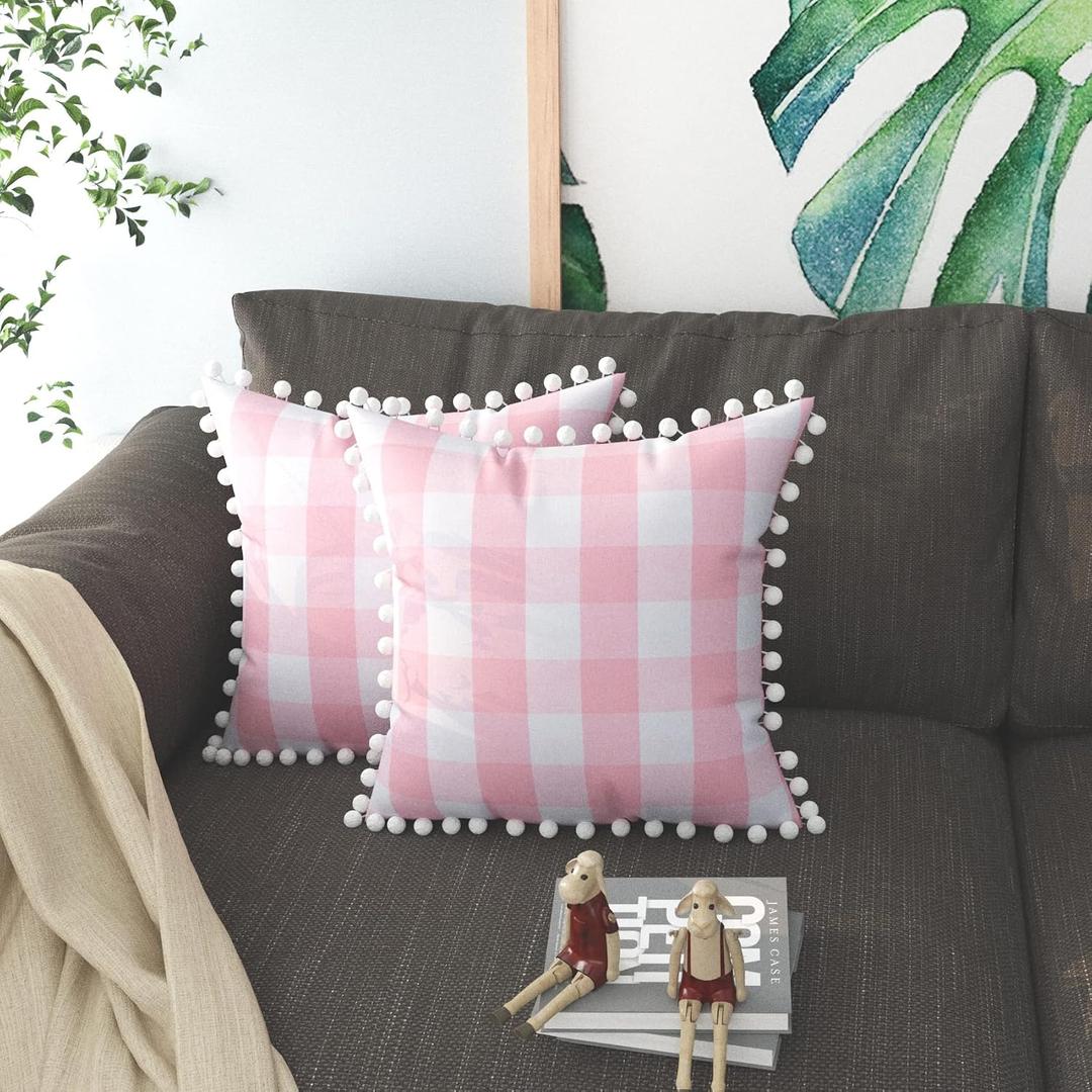 Buffalo Check Throw Pillow Covers with Pom Poms Cotton Retro Farmhouse Gingham Cushion Case for Sofa Couch Car Plaid Decorative Set of 2 Square Pillowcase 12" x 12" Pink White