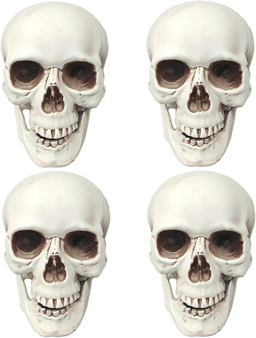 CUNHUYSmall Skulls Halloween Decor, 5 Inch Plastic Fake Skeletons, Mini Skulls for Crafts Outdoor Halloween Decorations, Realistic Miniature Human Skull Heads (4)