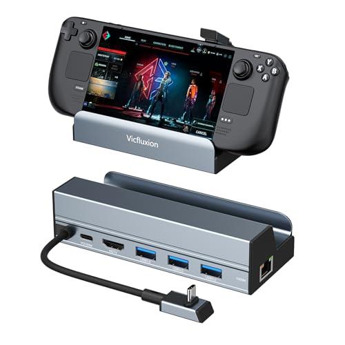 Vicfluxion 6-in-1 Steam Deck Dock with Aluminum Stand Upgraded Universal Docking Station for Steam Deck OLED/ROG Ally X/Legion Go/MSI Claw4K@60Hz HDMIGigabit Ethernet 3 USB 3.0,100W PD Charging