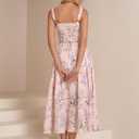 KUTUMAI Floral Corset Midi Dress Lace Up Cutout Flowy Summer Wedding Guest Dresses for Women Sundress with Pockets (Pink, L)