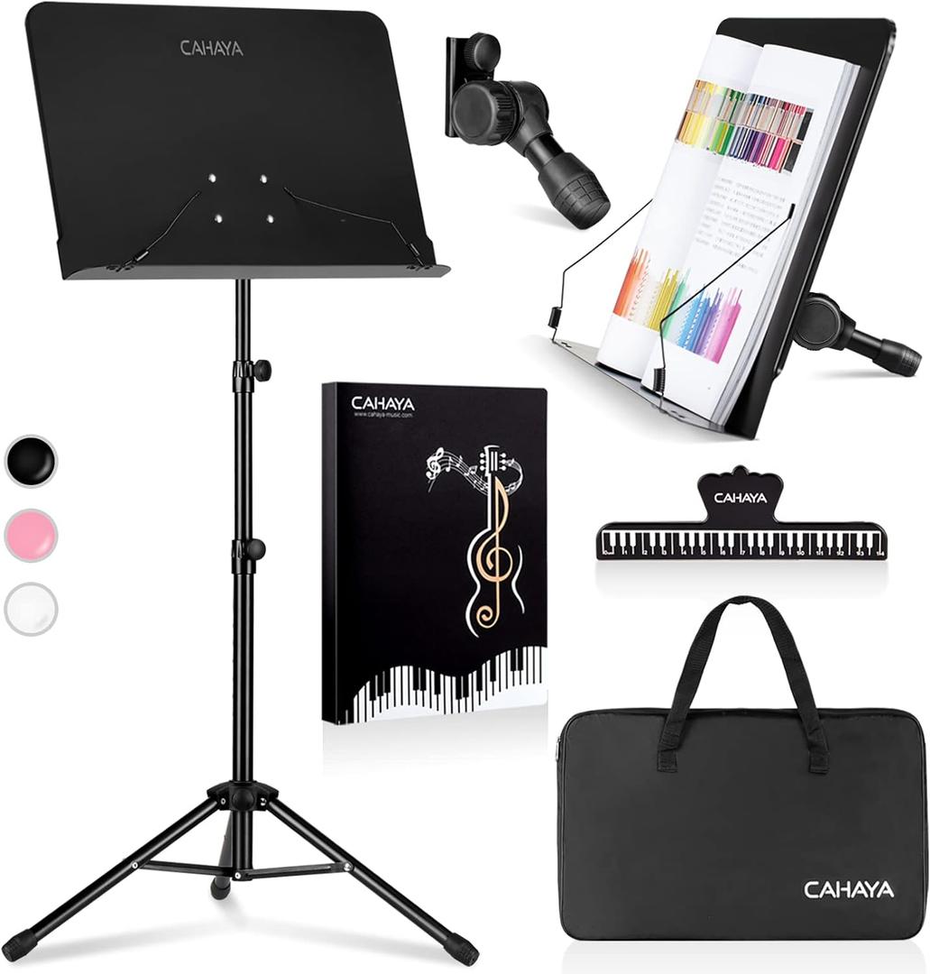 CAHAYA Music Stand for Sheet Music - Dual-use Converts to Desktop Stand Portable& Foldable 31.4-57in Height Adjustable Sturdy to Holds Thick Book or Tablet Include Carrying Bag Sheet Music Folder Clip (Black)