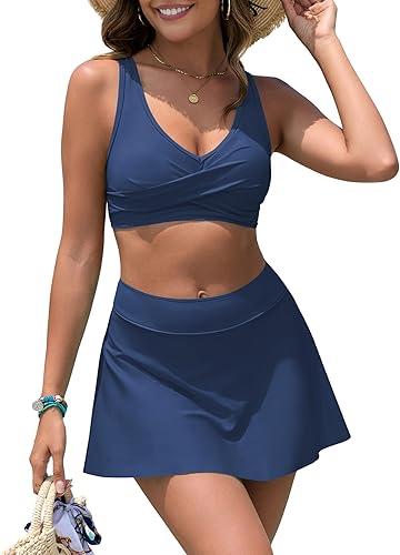 ZAFUL Womens High Waisted Bikini Sets Tummy Control Swimsuits 2025 Swim Skirt Two Piece Crisscross Tie Back Bathing Suit (Small, Haze Blue)