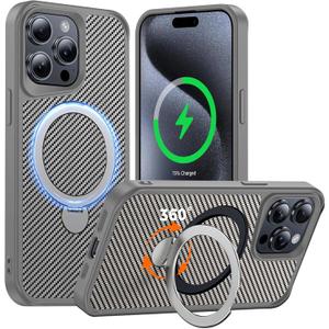 FlyReal Designed for iPhone 15 Pro Max Case with 360° Magnetic Stand, Carbon Fiber Phone Case [Compatible with Magsafe] [16FT Military Protection] with Stand Ring 6.7'', Natural Titanium