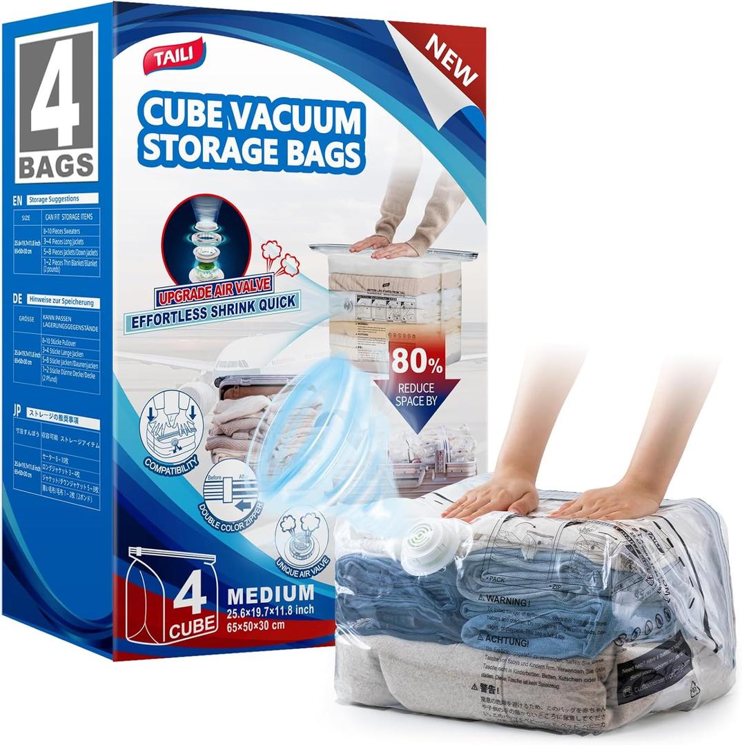 TAILI Cube Travel Vacuum Storage Bags 4 Pack, Medium Size (25x19x11 inch), Reusable Space Saver Compression Bags for Travel