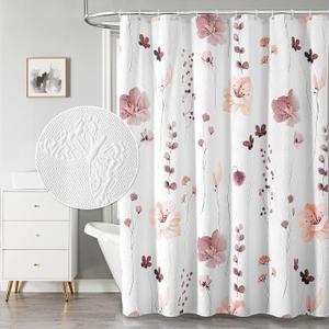 QiyI Watercolor Floral Shower Curtain, 3D Embossed Butterflies Pink Brown Flower Bathroom Curtain, Minimalist White Cloth Bath Curtain, Waterproof Fabric Textured Shower Curtain Set with Hooks, 72x72