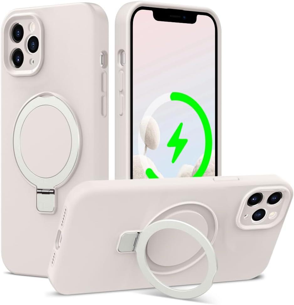 ZHK Liquid Silicone Designed for iPhone 12 Pro Max Case with Magnet Stand, [Precise Camera Lens Protection][Mil-Grade Drop Shockproof][Soft Anti-Scratch Microfiber Lining] Slim Fit Cover, Beige