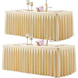 2 Pack Beige Rectangle Tablecloth 6 FT Stretch Spandex Fitted Table Cloth for 6 Foot Rectangle Tables Banquet Tablecloths Wrinkle Free Table Cover Skirt Ruffle Tablecloths for Party Wedding Birthday