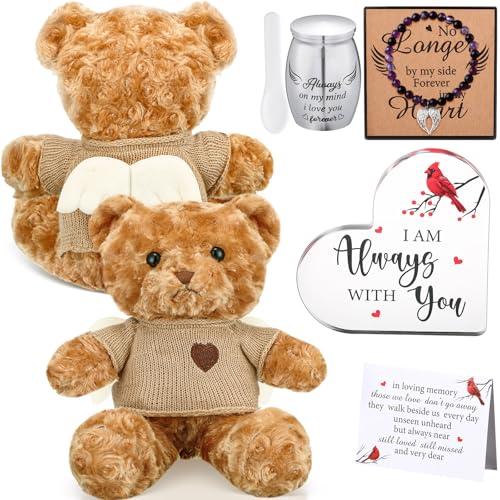 Kenning Cremation Keepsake Urn for Ashes Set, Memorial Bear with Mini Urn & Spoon, Acrylic Heart Memorial Plaque, Angel Wing Bracelet, Sympathy Bereavement Gift for Loss of Loved One/pet(Light Brown)