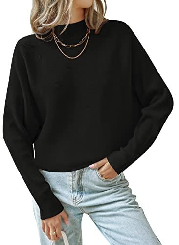 ZESICA Women's Fall 2026 Turtleneck Batwing Long Sleeve Ribbed Knit Casual Soft Pullover Sweater Jumper Top,Black,X-Large