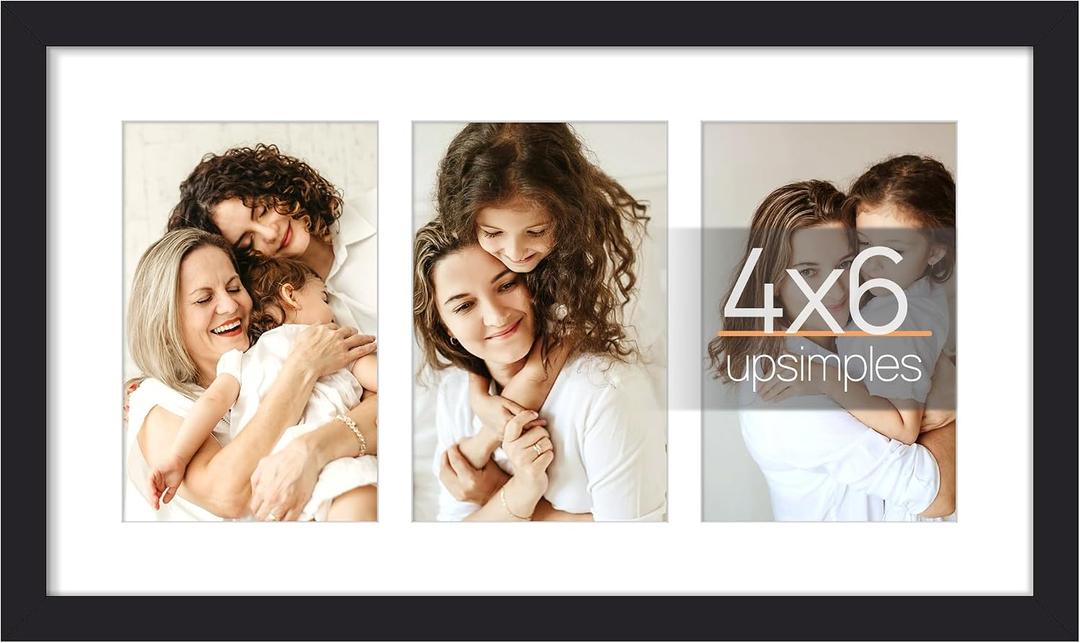 upsimples 8x14 Collage Picture Frame, Display Pictures 3 4x6 with Mat or 8x14 Without Mat, Wall Hanging 3 4x6 Picture Frame Collage Wall Decor, Black, 1 Pack