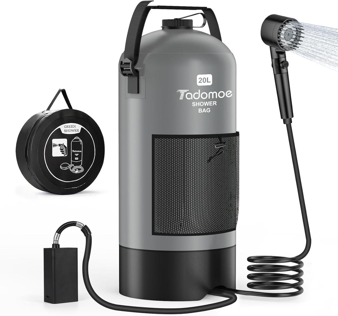 Portable Camping Shower with Battery Powered Pump, 5 Gal/20L Solar Heated Camp Shower Bag, 3-Mode Shower Head & Travel Case for Outdoor Camping, Beach Rinse & Dogs