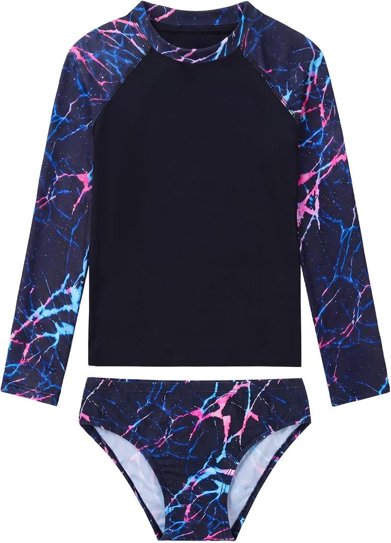Girls Rash Guard Swimsuit Long Sleeve Two Pieces Bathing Suit | Tankini Swimwear with Briefs, Toddler Kids Design, Adorable Swimwear, UPF 50+ Sun Protection, Quick Dry (Black)