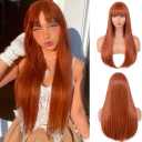 Ginger Wig with Bangs for Women – Long Straight Heat Resistant Synthetic Wig for Daily Use, Party, Halloween, Cosplay – 24 Inch Ginger Wigs for Girls