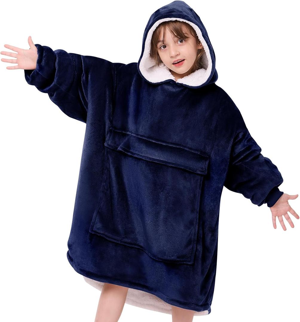 yescool Wearable Blanket Kids Hoodie, Birthday Teen Girls Gifts for 8-15 Year Old Kids Oversized Sweatshirt Sherpa Flannel Cozy Hooded Blanket with Pocket for Children, Youth Teens,One Size, Blue