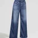 EUYZOU Womens Wide Leg Trendy Jeans Terry Look Like Denim High Waisted Baggy Loose Pants with Pocket (Blue)