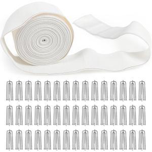 Curtain Pleat Tape - 12 Meters/13 Yards with 45 Stainless Steel 4 Prongs Hooks for DIY Pinch Pleat White