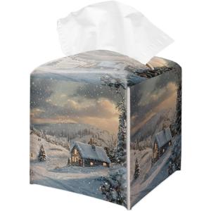 Christmas Tissue Box Holder, Winter Village Leather Tissue Box Cover Square, Waterproof Facial Paper Organizer Dispenser for Home Bathroom Bedroom Dresser Night Stand Office Countertop -008