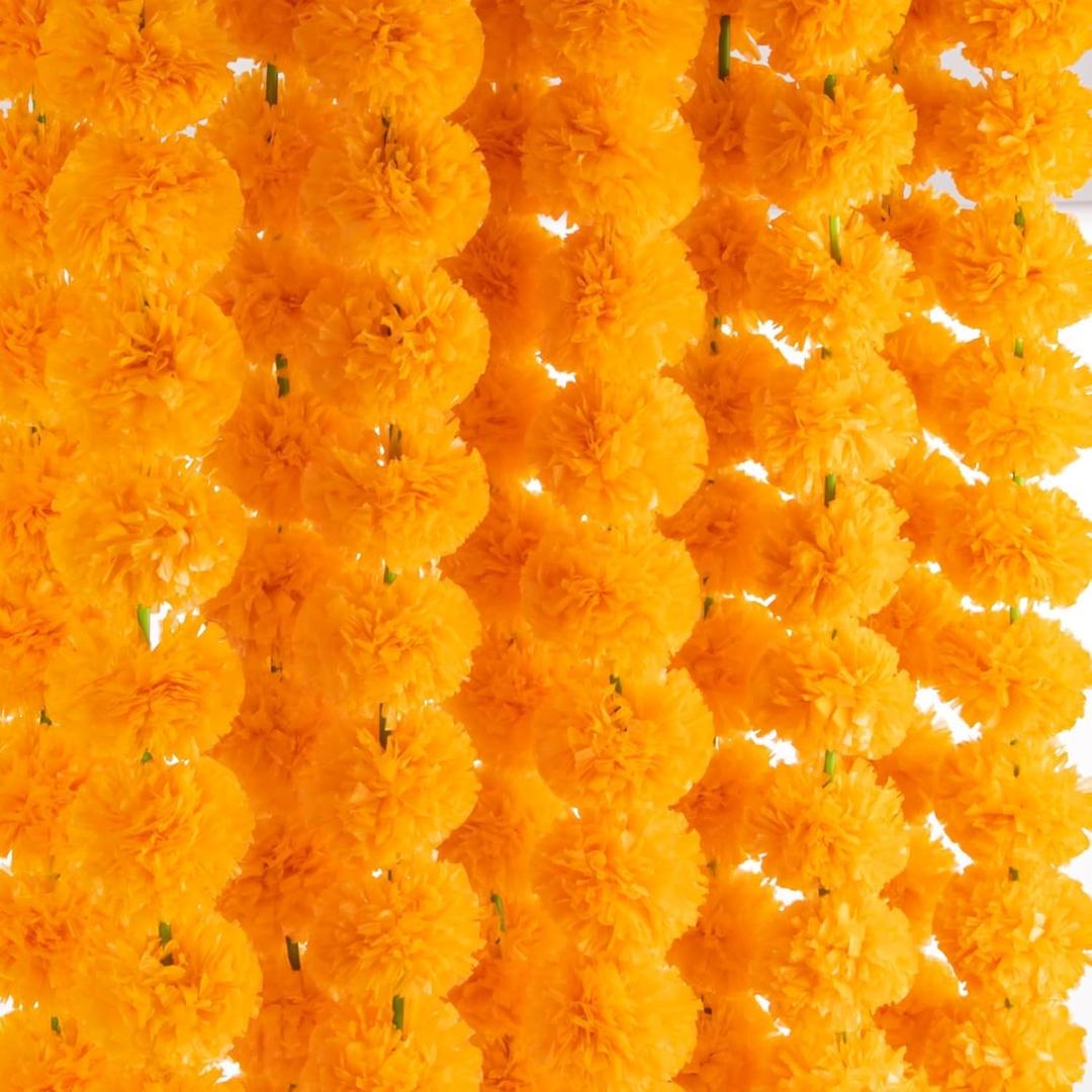 Artificial Marigold Garland for Decoration 5 Pcs Artificial Genda Phool Strings | 4.5 Ft Long Handmade Yellow Marigold Flowers | Toran for Pooja, Wedding, Diwali, Christmas, Festival & Event Dcor