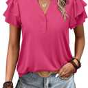 ANRABESS Women's Tops Dressy Casual Ruffle Short Sleeve V Neck Blouses Summer Button Down Business Work Elegant Shirts (Large, Hot Pink)