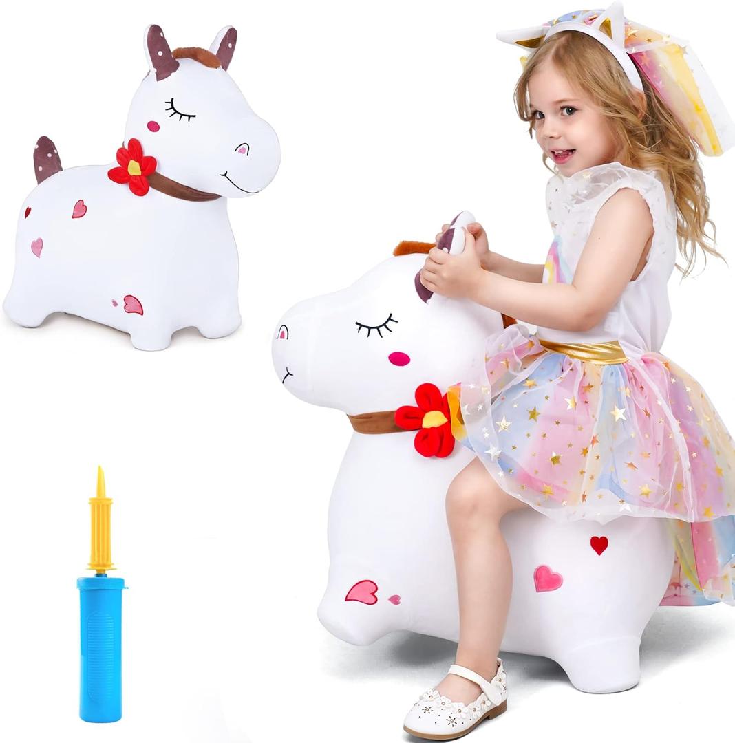 iPlay, iLearn Bouncy Pals White Hopping Horse, Inflatable Bouncing Animal Hopper Toy W/Pump, Plush Ride on Bouncer, Indoor Outdoor Birthday Gifts for 18 24 Month 2 3 4 5 Year Old Toddler Kid Boy Girl