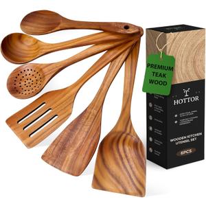 6 Piece Teak Wooden Utensil Set, Comfort-Grip Wooden Spoons for Cooking, Smooth Finish Wood Kitchen Utensils Set, Non-Stick Wood Spatula for Cooking