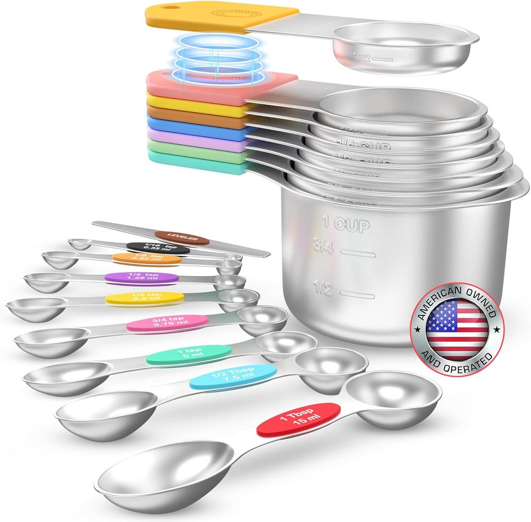 Magnetic Measuring Cups and Spoons Set of 17 - Stackable Stainless Steel Magnetic Measuring Spoons Set with Leveler - Dual Marking Scale Measuring Cup for Dry and Liquid Ingredients, Baking & Cooking