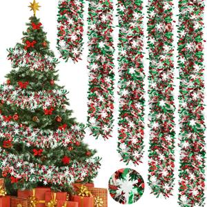 50Ft Christmas Snowflake Tinsel Garland Red Green Metallic Twist Hanging Garland with Snowflake Glitter Thick Tinsel Garlands Xmas Tree Decorations for Xmas Tree Fireplace Home Indoor Outdoor Decor
