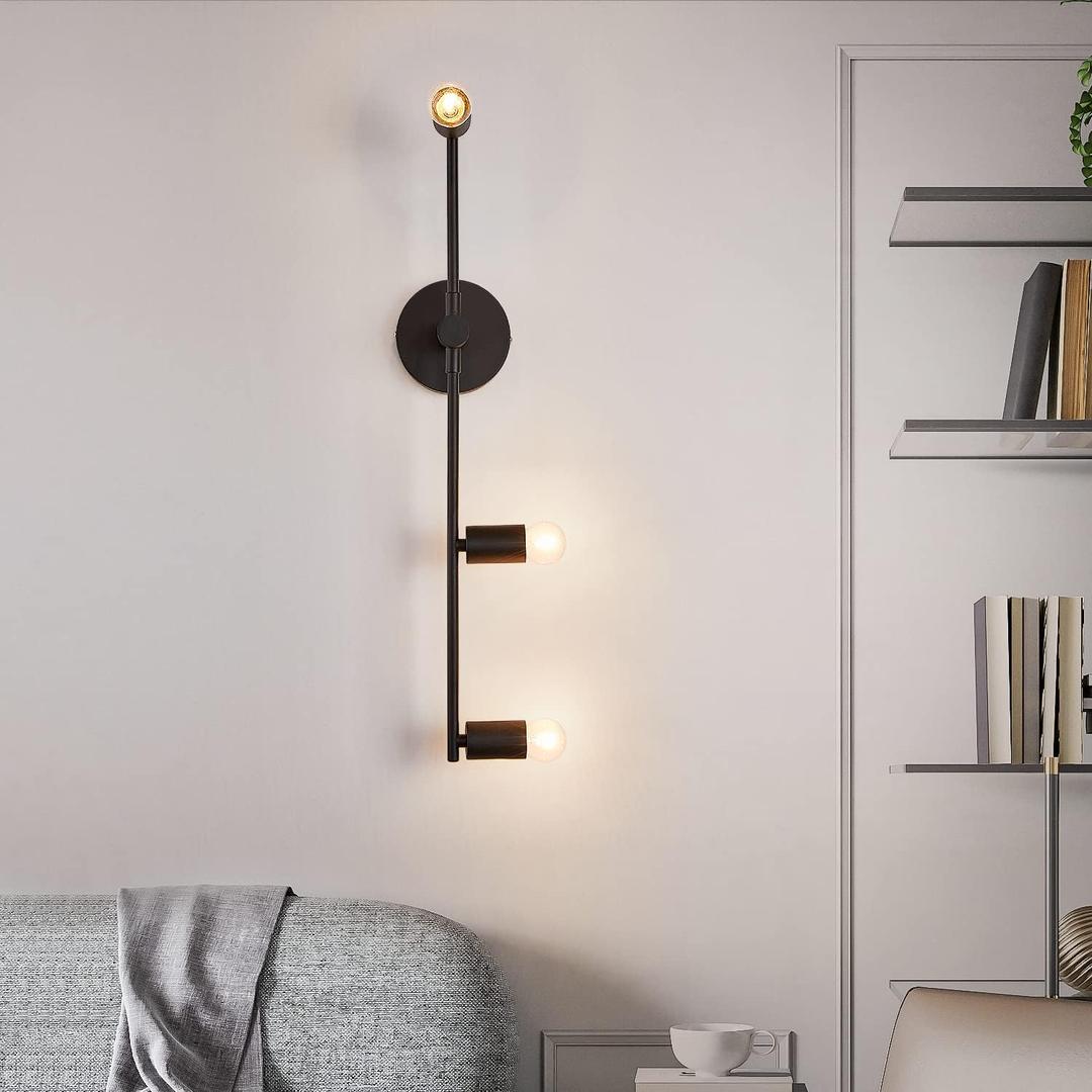 Yenigy Bedroom Wall Sconces, 3 Lights Matte Black Vintage Lighting, Modern Wall Mounted Lights, Porch Hallway Wall Lamp for Living Room Bedroom Bathroom Mirror (E26 Base)